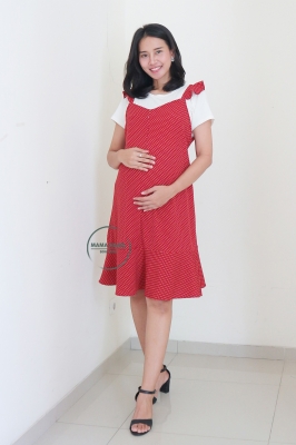 Dress Baju Hamil Menyusui Polkadot Set Inner Mings Overall - HO 80 Merah
